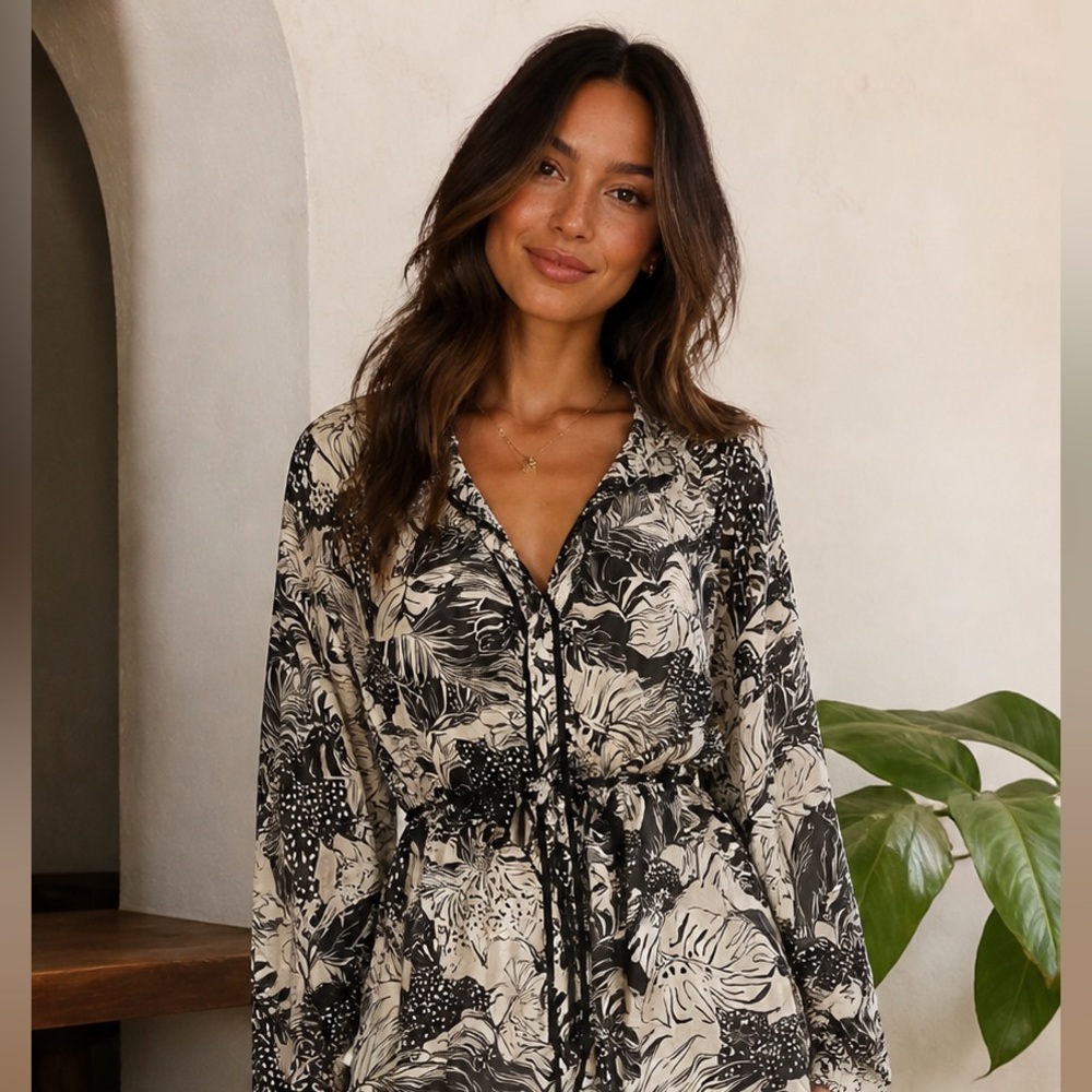 Johnny Was Black and White Animal & Leaf Print Shirt Dress Sz M